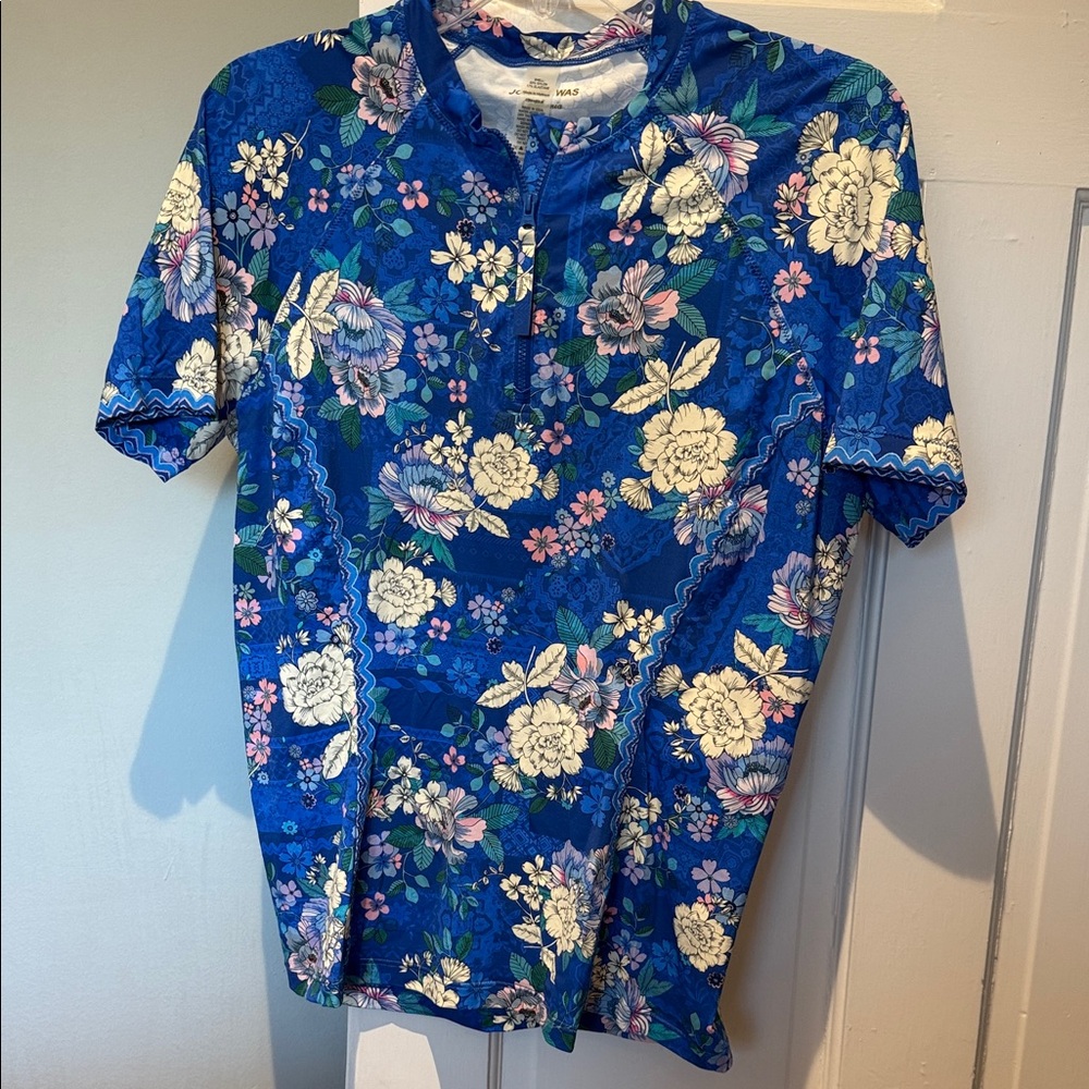 Johnny Was Blue Floral Zip-Up Rash guard Swim Top XL Short Sleeve